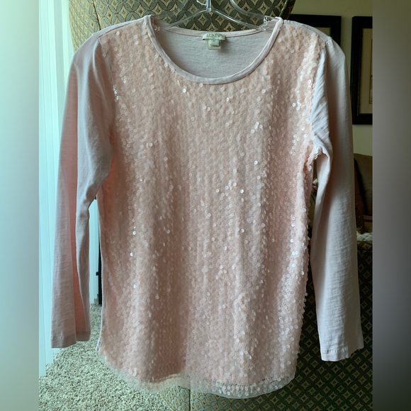 J.Crew Factory Sequined Long Sleeve Blush Pink Pullover Blouse Lined 100% Cotton - Picture 3 of 11